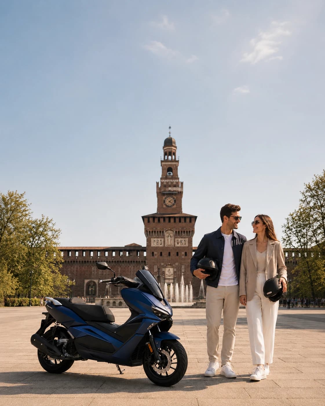 Ein Paar mit Roller vor dem Castello Sforzesco in Mailand